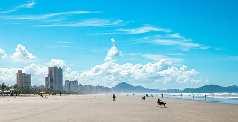 Praia Grande, São Paulo. Foto da Praia. Praia, areia e cidade. Ondas de Sentido