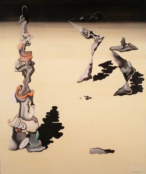 Surrealist painting of an empty yellow landscape with a scattering of tall, thin, abstract shapes casting unusual shadows on it