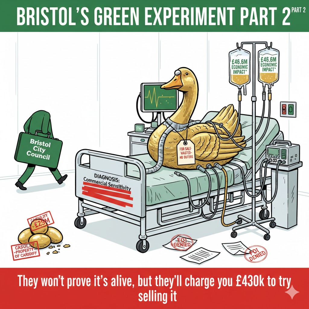 Satirical illustration of a golden goose on life support representing Bristol's Bottle Yard Studios. The goose is connected to IV drips labeled '£46.6M Economic Impact', has a 'For Sale - Wasted: No Buyers' tag, and is surrounded by 'FOI DENIED' documents. Bristol City Council briefcase walks away while broken Casualty eggs labeled '£25M Property of Cardiff' lie in the corner. Image satirizes the council's refusal to prove the studio's profitability while spending £430k on a failed sale. Satirical illustration of a golden goose on life support representing Bristol's Bottle Yard Studios. The goose is connected to IV drips labeled '£46.6M Economic Impact', has a 'For Sale - Wasted: No Buyers' tag, and is surrounded by 'FOI DENIED' documents. Bristol City Council briefcase walks away while broken Casualty eggs labeled '£25M Property of Cardiff' lie in the corner. Image satirizes the council's refusal to prove the studio's profitability while spending £430k on a failed sale.