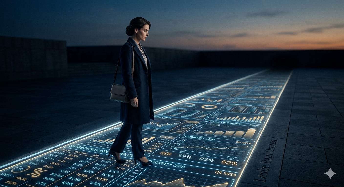 A woman in a dark coat and high heels walks along a glowing, illuminated runway on a dark outdoor terrace at dusk. The runway beneath her feet is entirely made of lit-up financial data, charts, and optimization grids marked "ROI" and "Efficiency Grid. A woman in a dark coat and high heels walks along a glowing, illuminated runway on a dark outdoor terrace at dusk. The runway beneath her feet is entirely made of lit-up financial data, charts, and optimization grids marked "ROI" and "Efficiency Grid.