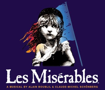 Logo of Les Miserables: a small child holding a flag.