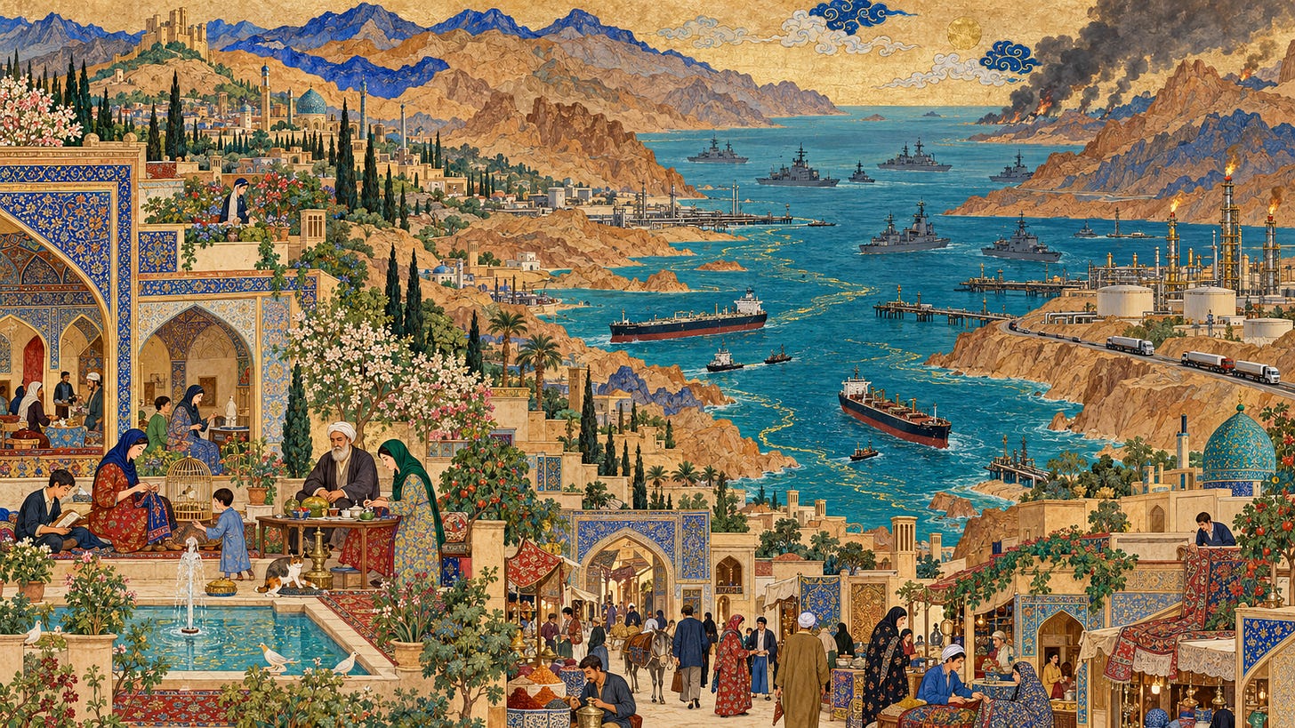 Text-free 16:9 illustration in Persian miniature style. Families, a bazaar, gardens and buildings decorated with blue tiles fill the foreground. Beyond them, tankers and warships occupy a strait between mountains, while coastal energy facilities and distant fires release plumes of black smoke. تصویر افقی با نسبت ۱۶:۹، بدون نوشته و به سبک نگارگری ایرانی. در پیشزمینه، خانوادهها، بازار، باغها و بناهایی با کاشیهای آبی دیده میشوند. در پسزمینه، نفتکشها و ناوهای جنگی در تنگهای میان کوهها قرار دارند؛ از تأسیسات انرژی ساحلی و آتشسوزیهای دوردست، ستونهای دود سیاه برخاسته است.