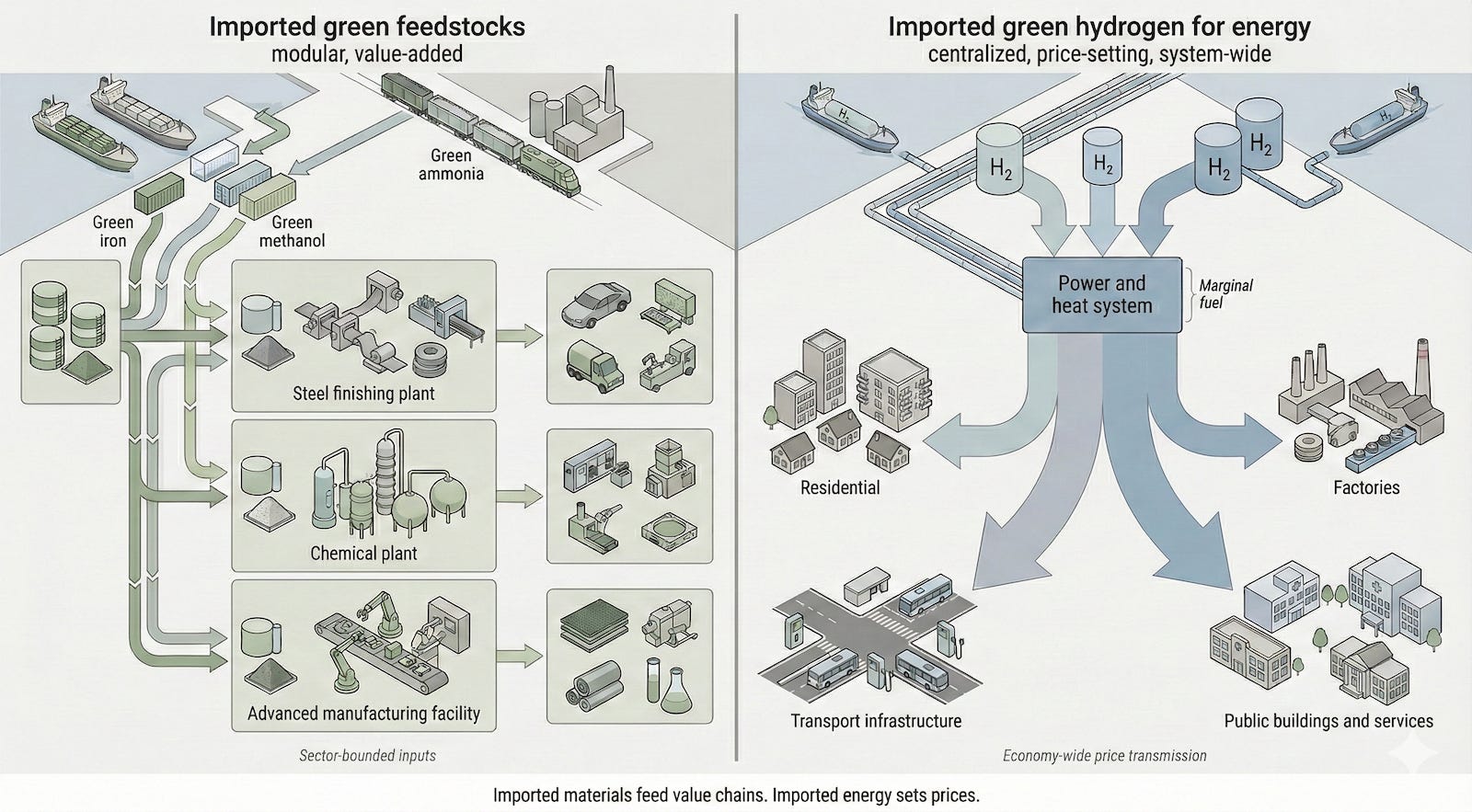 Google Gemini generated this infographic comparing the supply chains and applications of imported green feedstocks and green hydrogen.