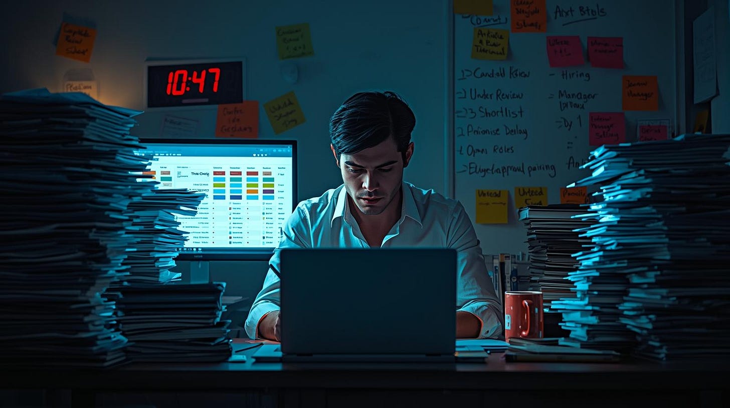 Job seeker waiting stressed at desk with hiring status loading on screen Job seeker waiting stressed at desk with hiring status loading on screen