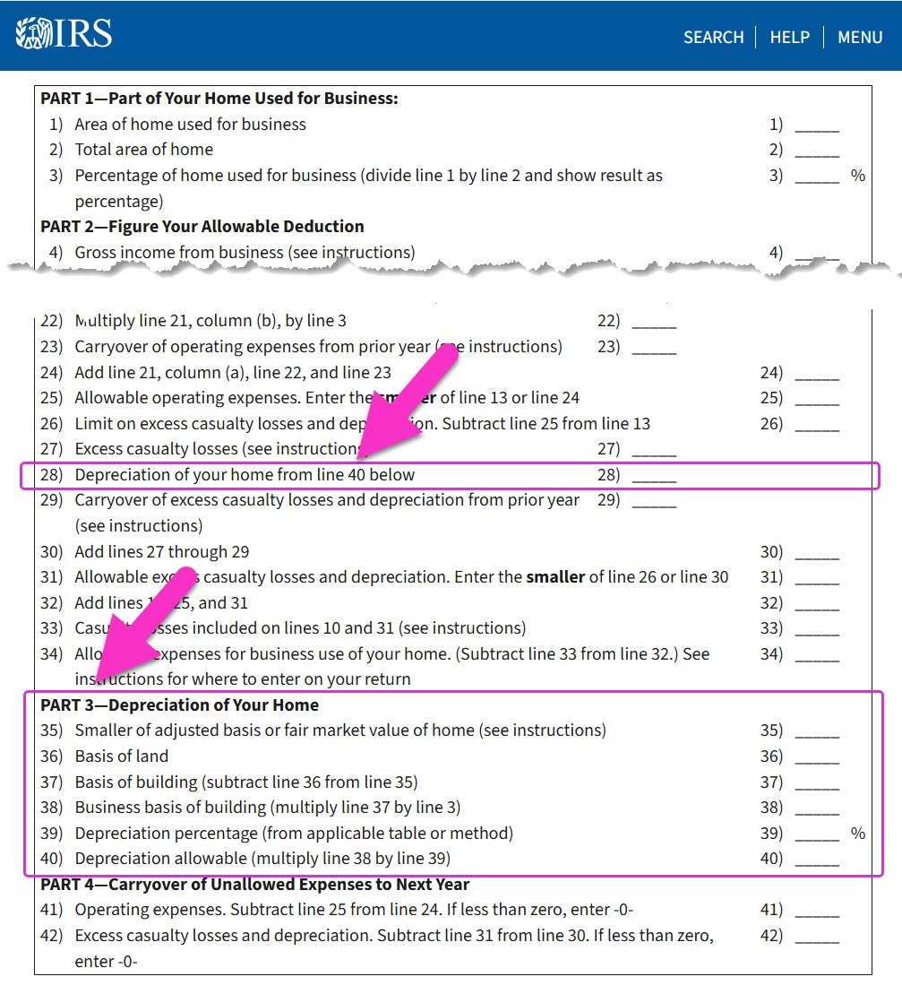 IRS Worksheet F, with annotations calling out the sections for Depreciation. IRS Worksheet F, with annotations calling out the sections for Depreciation.