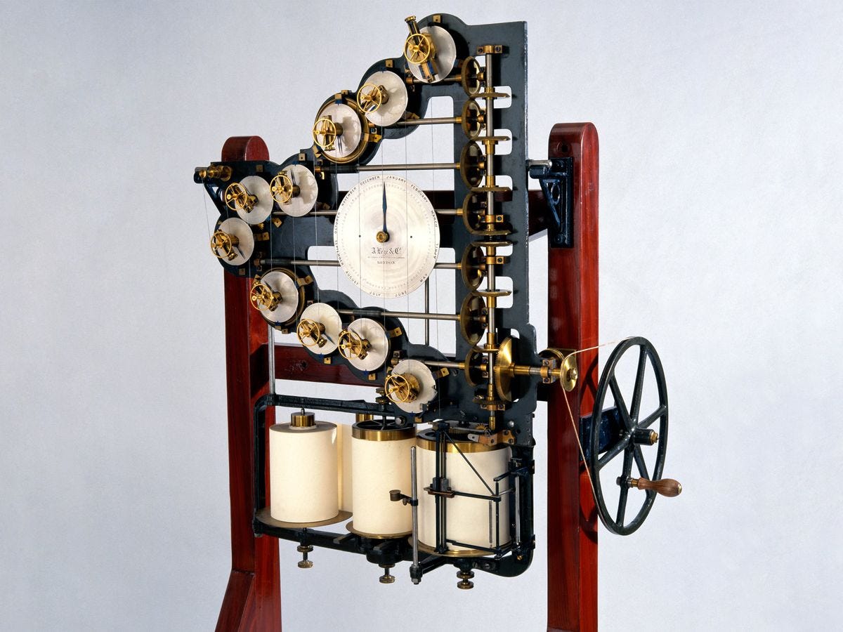 Photo of a brass and wood apparatus with multiple dials, cylinders of paper, and a crank on the side. 