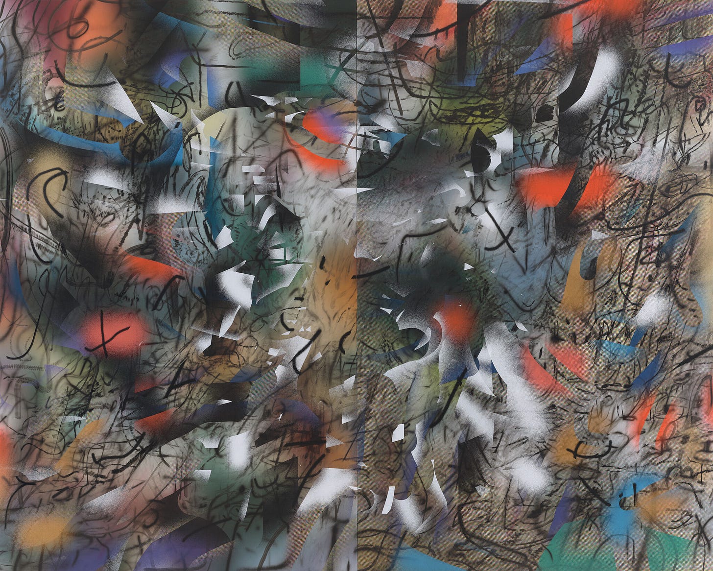 An amalgamation of multicolored shapes and strokes overlap on canvas. 
