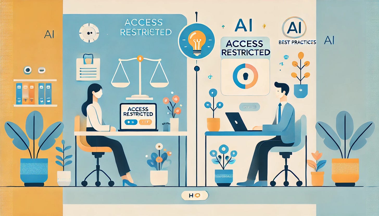 Minimalist corporate-style illustration with a bright and optimistic tone. On the left, a clean desk with a laptop showing a friendly 'Access Restricted' ChatGPT message. On the right, a single employee sitting at another desk, smiling while learning from a screen with AI best practices. Between them, a glowing lightbulb icon above a subtle balance scale, symbolizing ideas and responsibility. Use soft blues, warm yellows, and pastel greens. Flat design, simple, modern, and uncluttered. Horizontal HD format, suitable for a corporate blog or newsletter.