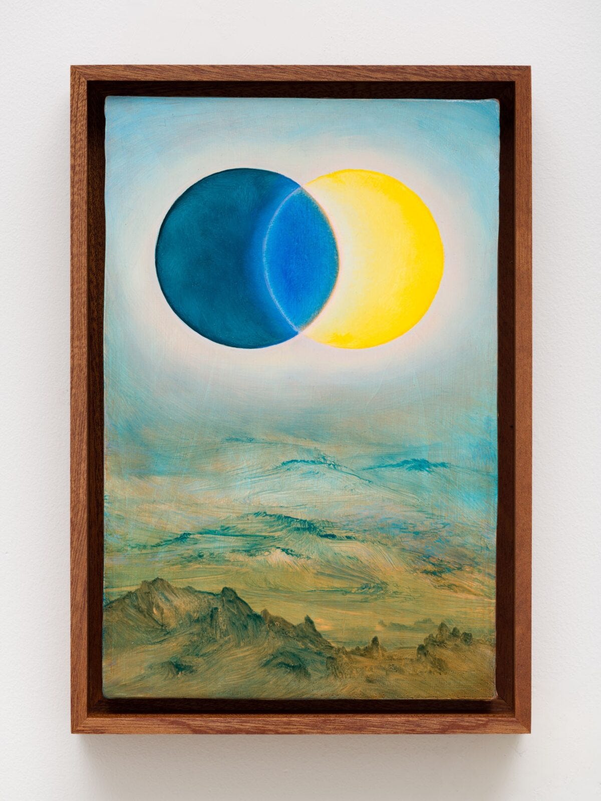 This image depicts an artwork by Angela Lane titled "Nexus." This artwork was created in 2025 and measures Framed 10" x 7" [HxW] (25.4 x 17.78 cm) Unframed 9" x 6" [HxW] (22.86 x 15.24 cm). Its medium is Oil on birch plywood.