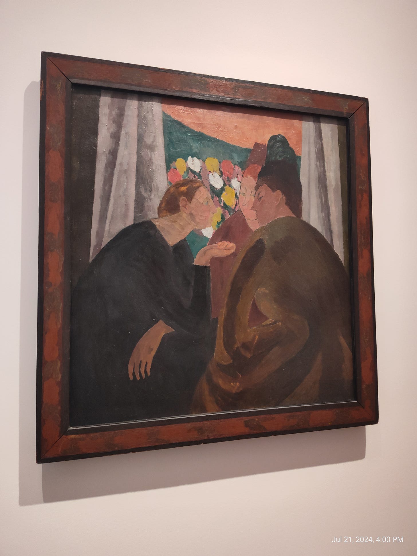 Impressionistic oil painting of three women talking in front of a window, with flowers outside Impressionistic oil painting of three women talking in front of a window, with flowers outside