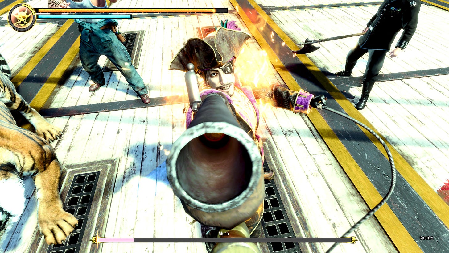 Majima aiming his pistol into the camera during a heat action.