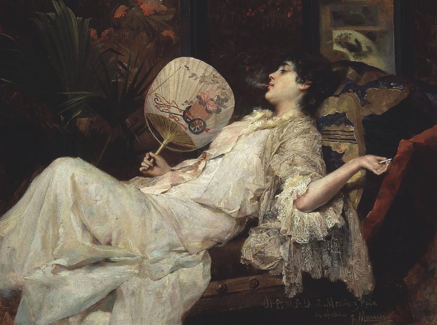 'Young Woman Relaxing', 1894, Oil on canvas, 41 x 55 cm. by Francesc  Masriera y Manovens -1842-1902-