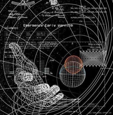 A complex astronomical diagram with intersecting circles, orbits, and a 3D sphere. A wireframe hand holds the sphere, surrounded by mathematical equations and text. Additional elements include a celestial model with rings and a stylized waveform pattern.