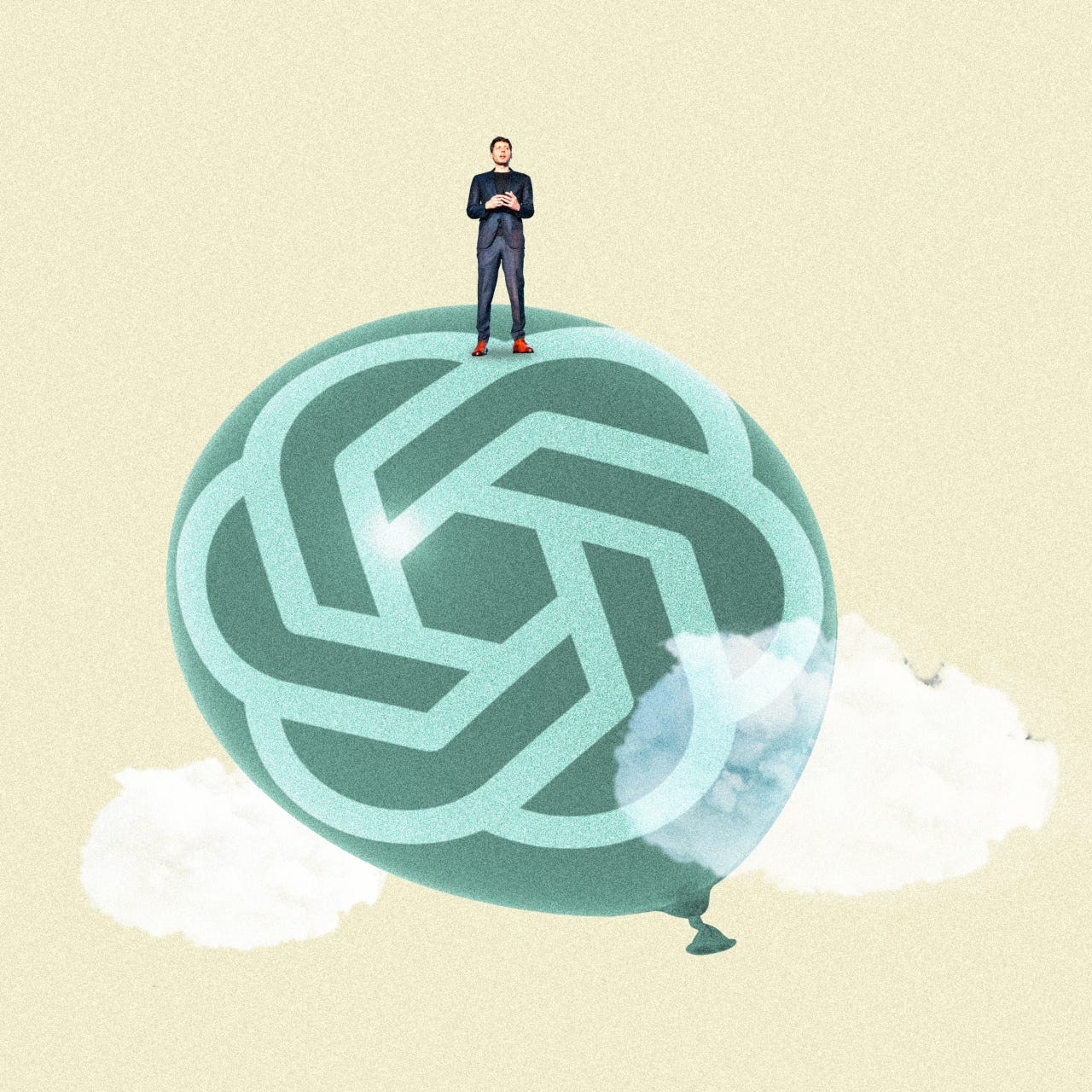 Illustration of a man standing on a large, teal balloon with the ChatGPT logo.