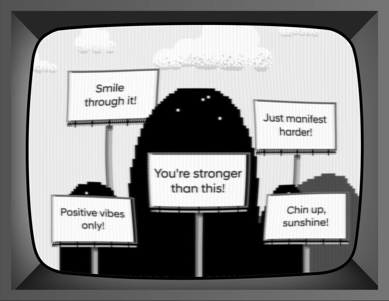 Billboards appear on the horizon, emblazoned with statements of “toxic positivity,” phrases Kim has encountered in various iterations throughout her life, which players float past as the game progresses. Although seemingly “inspirational,” these messages diminish the lived experiences of Deaf people by suggesting their concerns can be solved through optimism or increased effort. These satirical billboards prompt audiences to reflect on and question their assumptions about linguistic diversity.