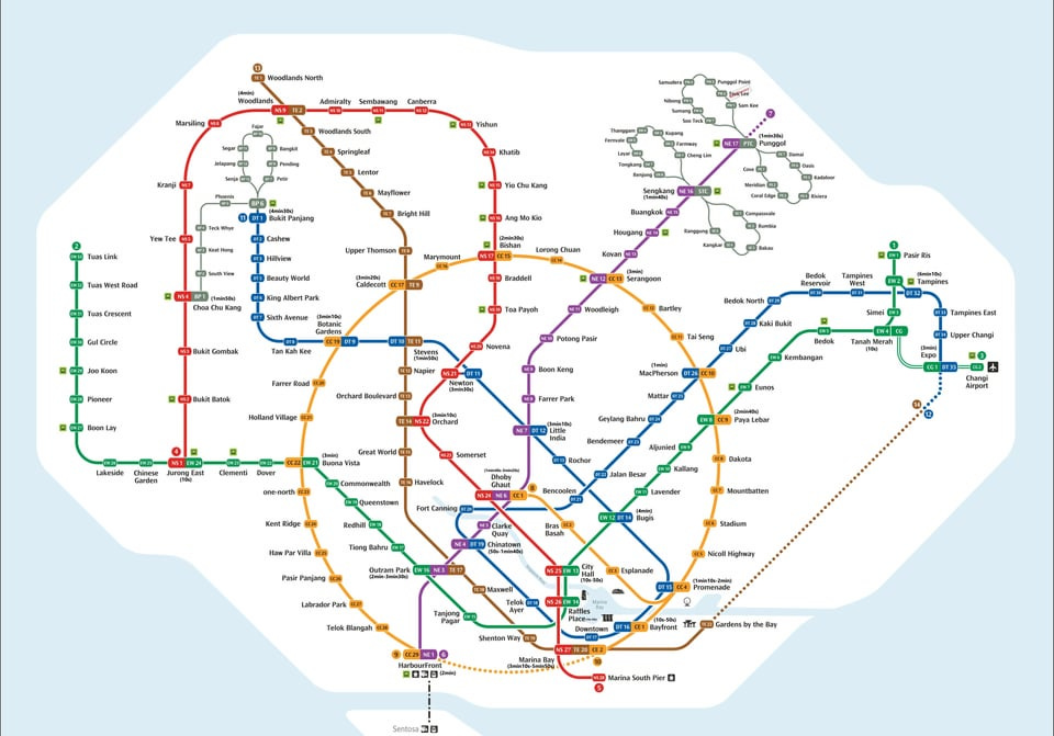 r/singapore - MRT map with transfer timing