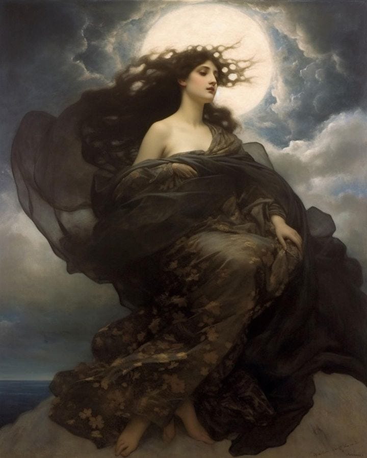 This may contain: a painting of a woman sitting on top of a rock in front of a cloudy sky