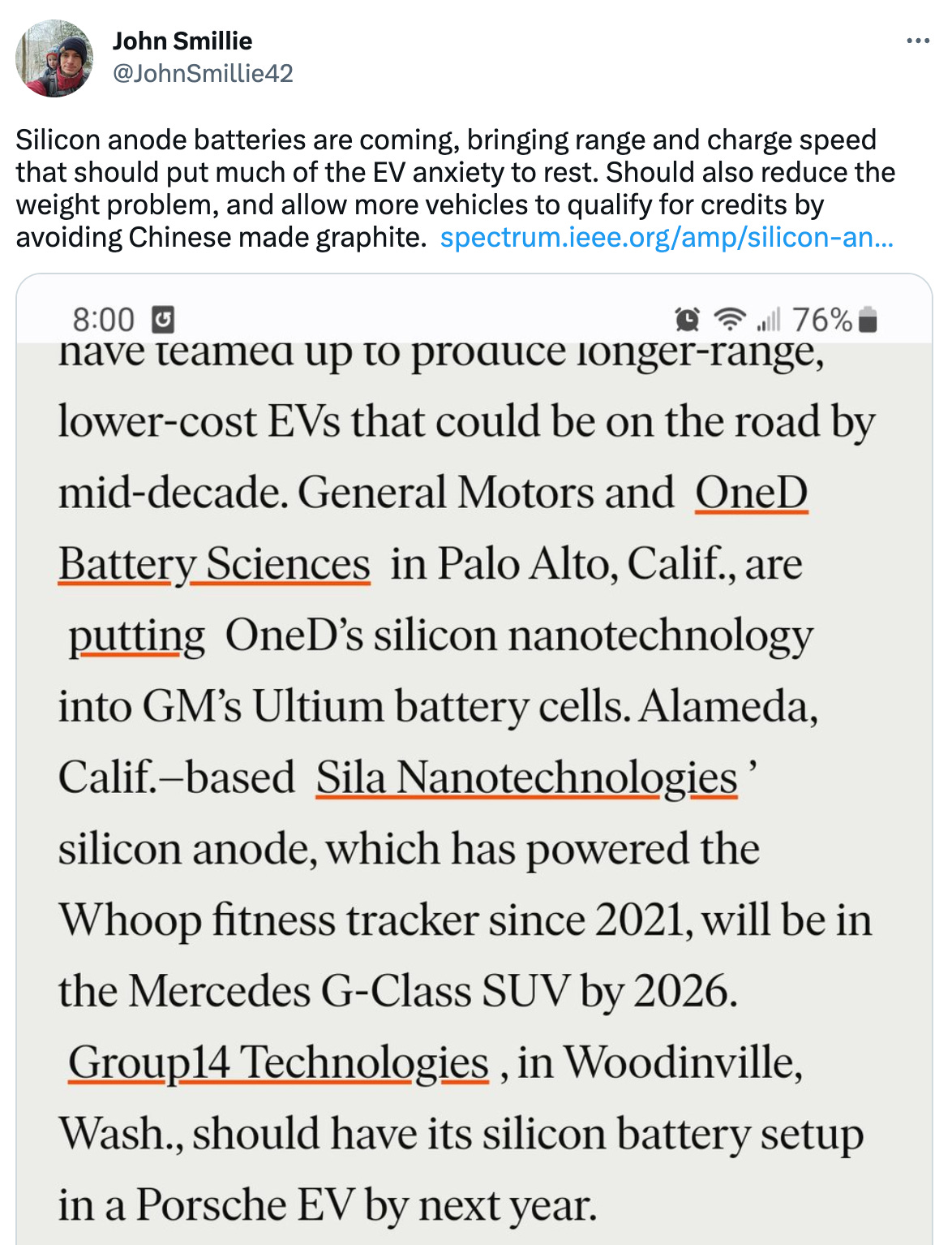 See new Tweets Conversation John Smillie @JohnSmillie42 Silicon anode batteries are coming, bringing range and charge speed that should put much of the EV anxiety to rest. Should also reduce the weight problem, and allow more vehicles to qualify for credits by avoiding Chinese made graphite. https://spectrum.ieee.org/amp/silicon-anode-battery-2659927950 See new Tweets Conversation John Smillie @JohnSmillie42 Silicon anode batteries are coming, bringing range and charge speed that should put much of the EV anxiety to rest. Should also reduce the weight problem, and allow more vehicles to qualify for credits by avoiding Chinese made graphite. https://spectrum.ieee.org/amp/silicon-anode-battery-2659927950
