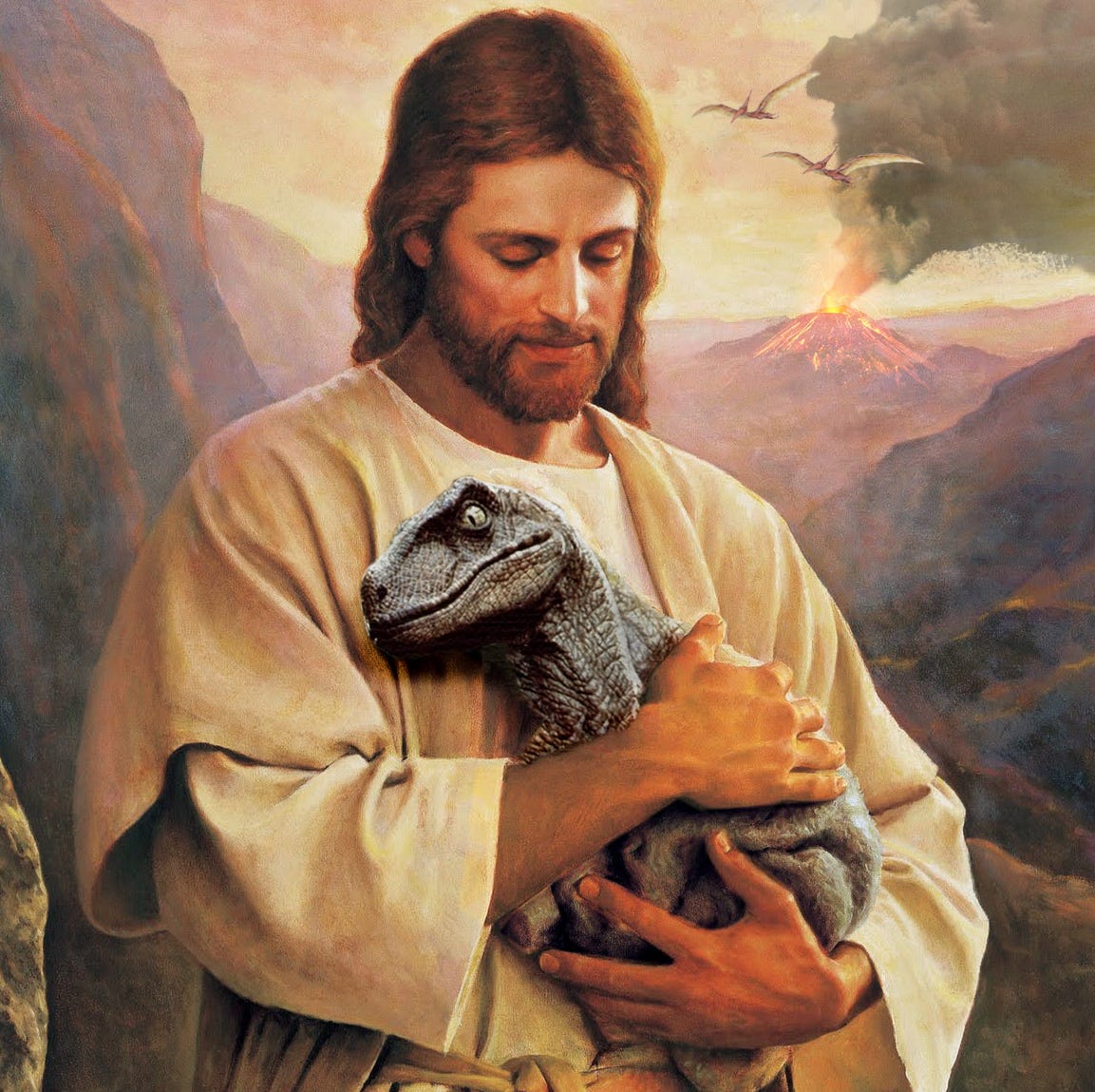 Silly realistic painting of Jesus holding a baby raptor dinosaur. Silly realistic painting of Jesus holding a baby raptor dinosaur.