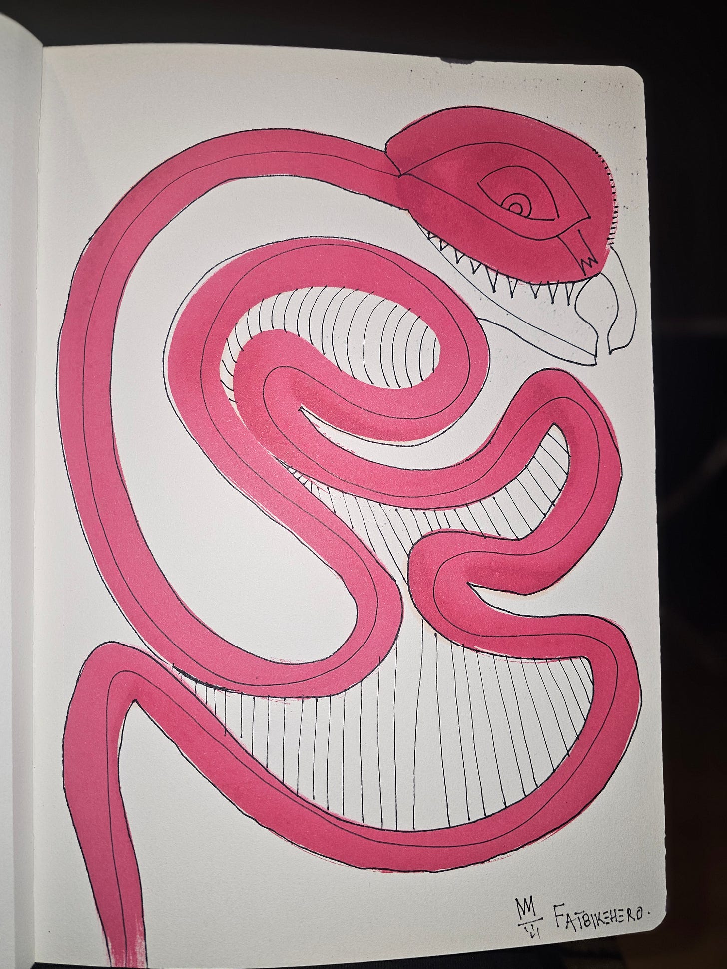 Alt Text: A drawing by FatbikeHero (b. 1983) titled Dragon A.I, featuring a coiled pink snake-like creature representing Artificial Intelligence with a large eye and teeth, drawn in marker on a sketchbook page.