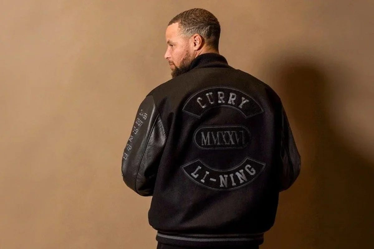 Stephen Curry in his Li-Ning x Curry Brand varsity jacket to announce his new partnership. Stephen Curry in his Li-Ning x Curry Brand varsity jacket to announce his new partnership.