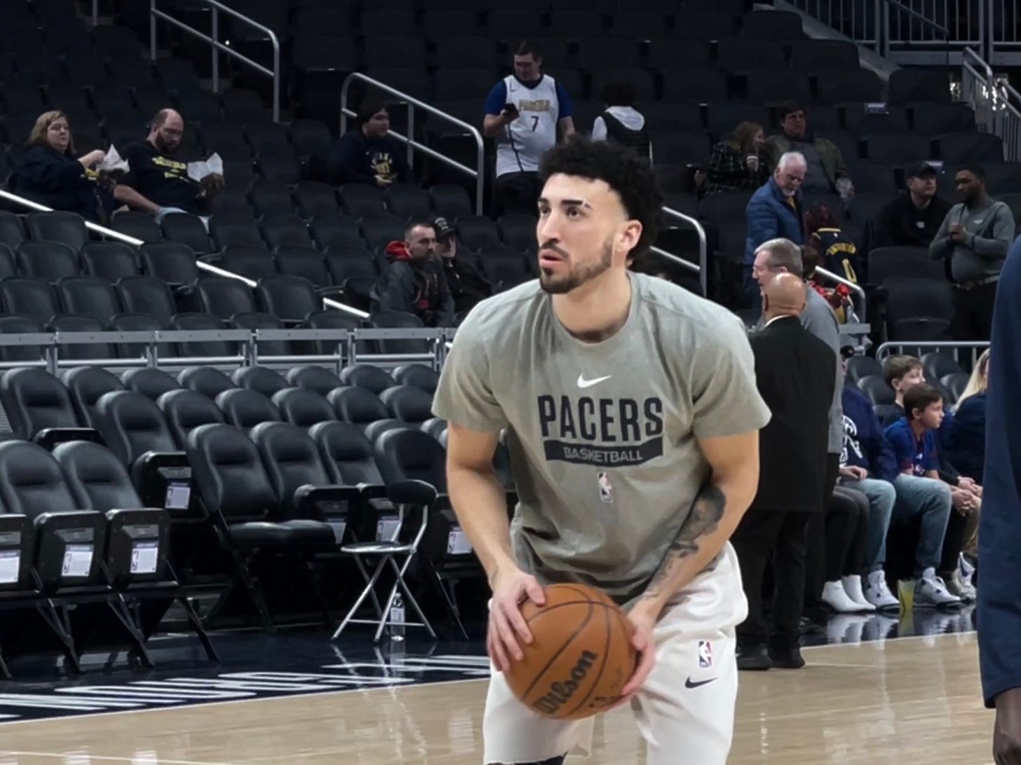 Second-year guard Chris Duarte warms up before a game.