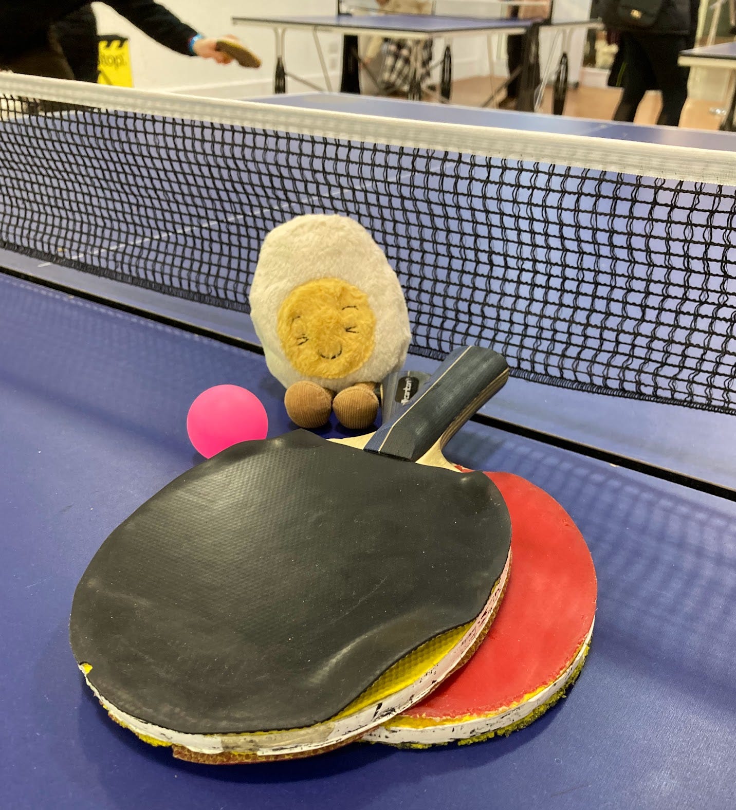 Dippy the soft toy egg sitting in front of the net of a table tennis table. Next to him are a pink plastic ball and two worn paddles. 