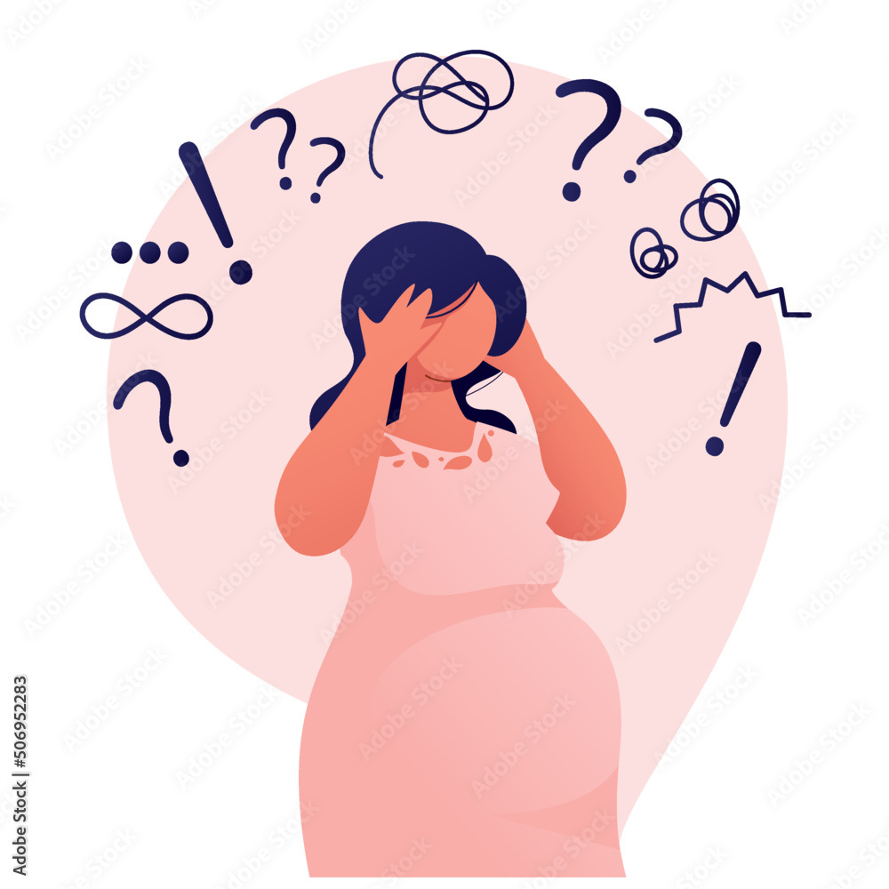 Worried pregnant woman has questions, doubts, thoughts. Concept of pregnancy  assistance, medical help and consultation. Flat vector illustration. Stock  Vector | Adobe Stock