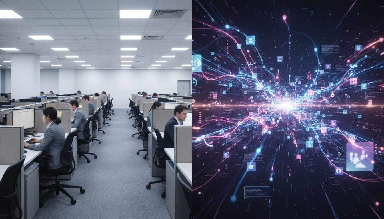 Split screen showing traditional office cubicles versus a glowing decentralized network visualization, representing the shift from corporate hierarchies to distributed systems. Split screen showing traditional office cubicles versus a glowing decentralized network visualization, representing the shift from corporate hierarchies to distributed systems.