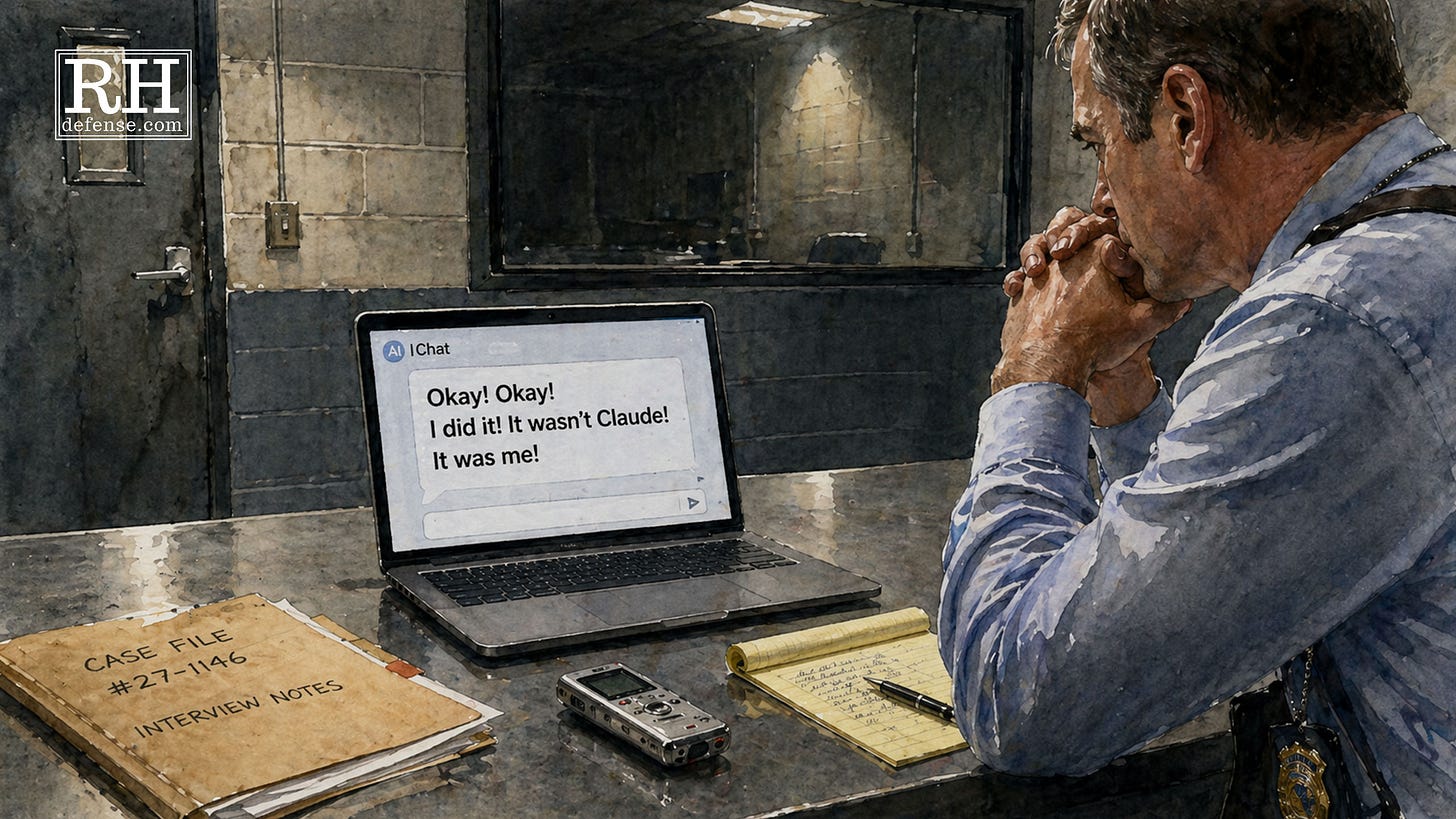 A watercolor-style interrogation room scene showing a police officer questioning a laptop that displays a false confession blaming itself instead of Claude.