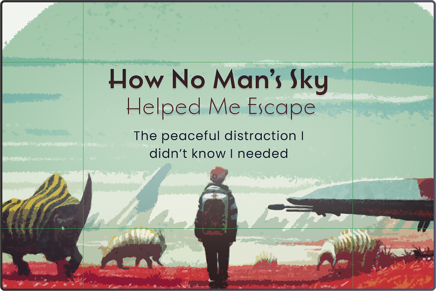 Image showing the guidelines being used for one of my thumbnails of a game called No Man's Sky.