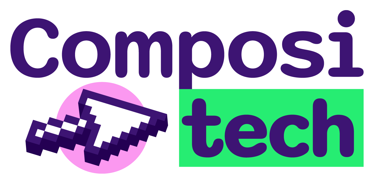 L'image est un logo composé du mot « Compositech » et d'un curseur des souris pixélisé. Les lettres sont arrondies et de couleur violet foncé. L'ensemble est stylisé et rappelle le monde de la tech.