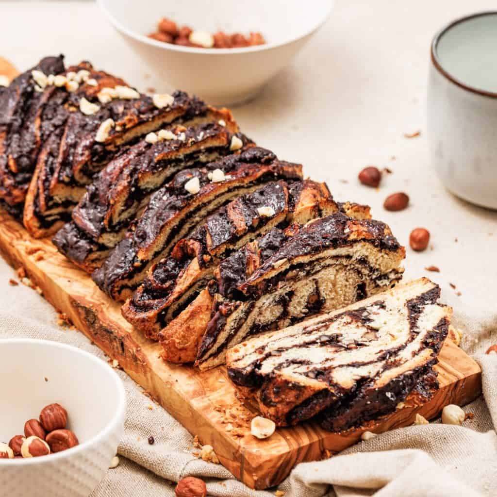 Sliced Chocolate Babka on cutting board.