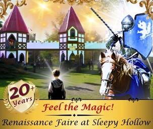 A knight on horseback and a child in front of a Renaissance faire castle.