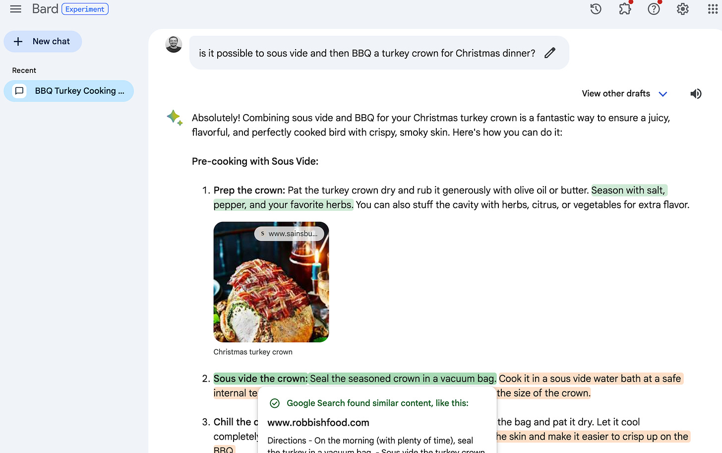 Screenshot of Google Bard answering questions, with highlighted text linking to similar sites.