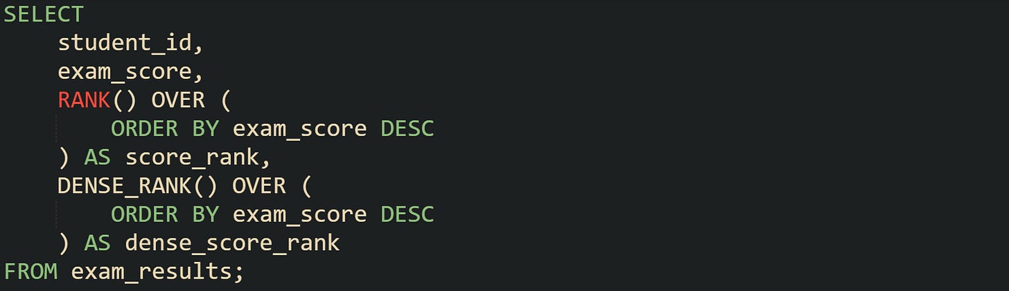 SELECT     student_id,     exam_score,     RANK() OVER (         ORDER BY exam_score DESC     ) AS score_rank,     DENSE_RANK() OVER (         ORDER BY exam_score DESC     ) AS dense_score_rank FROM exam_results;