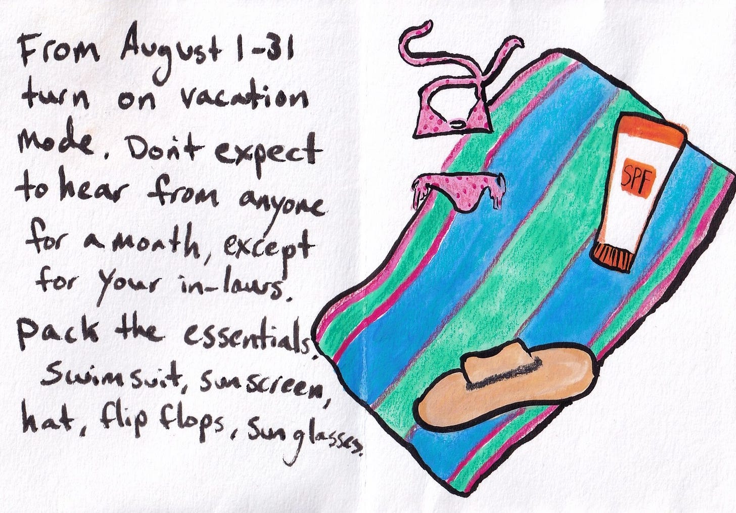 illustration of a swimsuit, hat and sunscreen on a towel