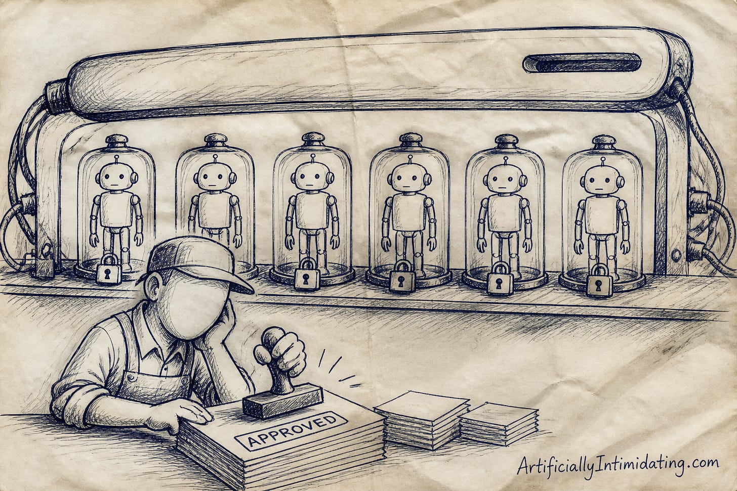 Identical plain little robots sit sealed in padlocked glass jars on a shelf under a big dash-shaped arch while a bored clerk stamps APPROVED on a stack of permission slips without looking. Identical plain little robots sit sealed in padlocked glass jars on a shelf under a big dash-shaped arch while a bored clerk stamps APPROVED on a stack of permission slips without looking.