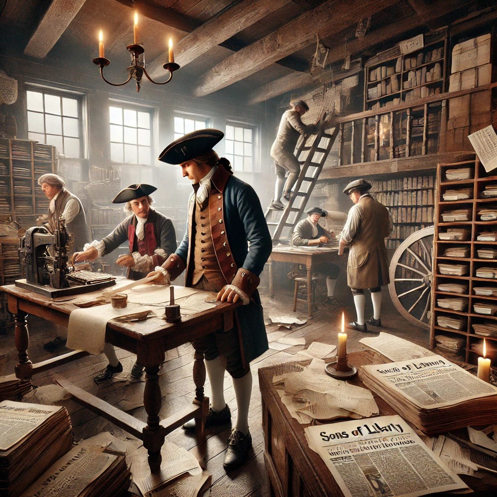 A photorealistic scene set in the back room of a colonial-era printing press, featuring Samuel Adams and the Sons of Liberty planning and printing revolutionary pamphlets. Adams, dressed in period-appropriate clothing with a tricorn hat, leans over a wooden table covered with papers, ink, and quills. Other members of the Sons of Liberty are working on the press or rolling up finished pamphlets. The room is dimly lit by oil lamps and candles, with shelves lined with books, paper, and printing tools. The atmosphere is secretive and urgent, reflecting the rebellious energy of the American Revolution in the making.