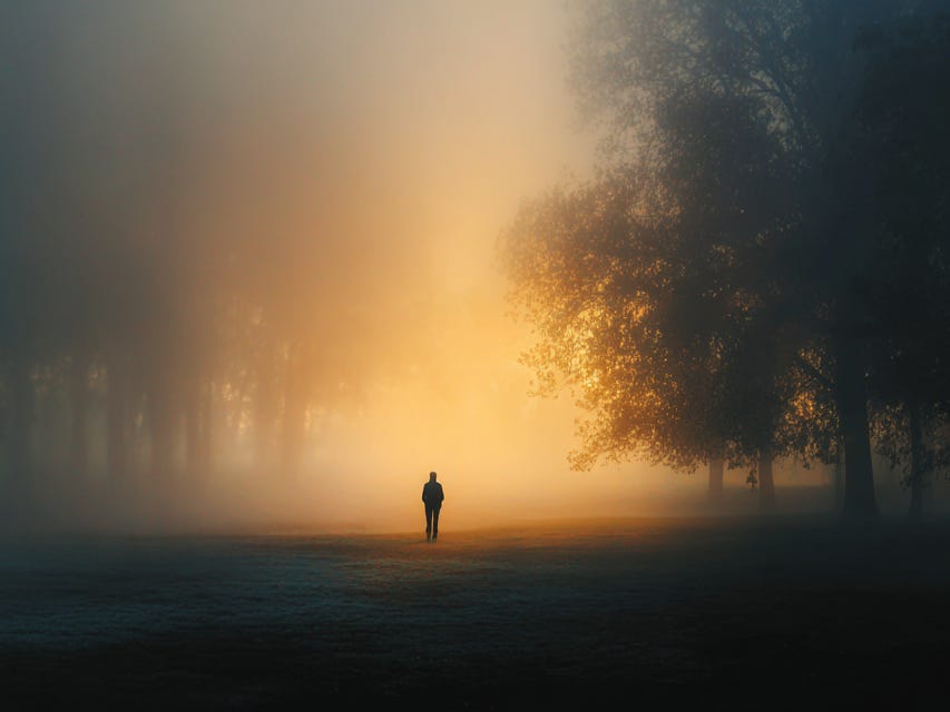 A lone figure standing in a quiet forest clearing at dawn, soft golden light breaking through the mist — symbolizing calm, clarity, and coming back from overwhelm.