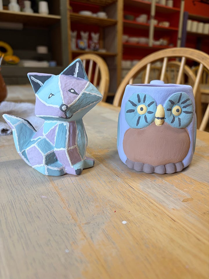 a fox figurine and owl mug before and after being fired