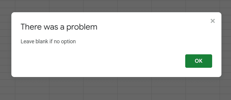 Invalid data pop up
