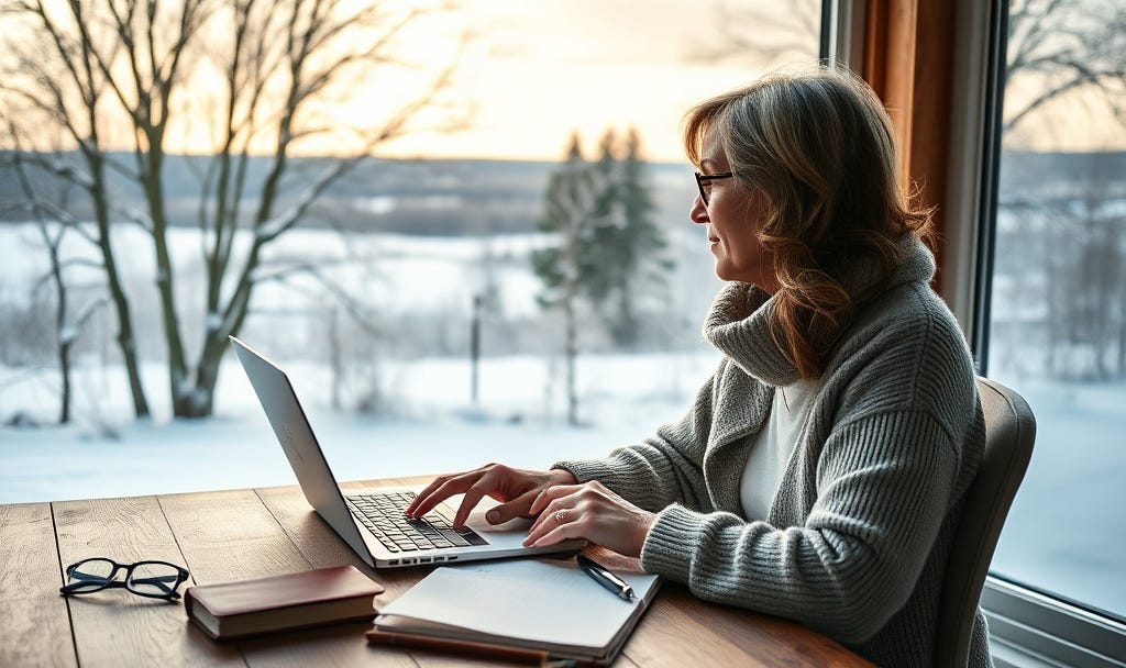 Woman writing on a laptop at a wooden table beside a window, winter landscape visible outside, with notebook and pen nearby.