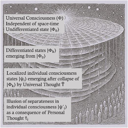 Illustration of the proposed framework and its implications for sentient beings. The universal consciousness field (Φ) exists beyond space–time in an undifferentiated state (Φ0. Through differentiation, it gives rise to localized excitations (Φk), which manifest as physical structures or individual consciousness. Following the Big Bang, Φ evolves, generating complex systems capable of awareness—sentient beings with individual consciousness ψi) localized in space–time. Once differentiated, personal thought (τ̂i) shapes individual awareness and perception, producing evolving subjective interpretations of reality (ψ′i) over time. This process creates the illusion of separateness, even though all individual consciousness remains intrinsically connected within the universal consciousness field.