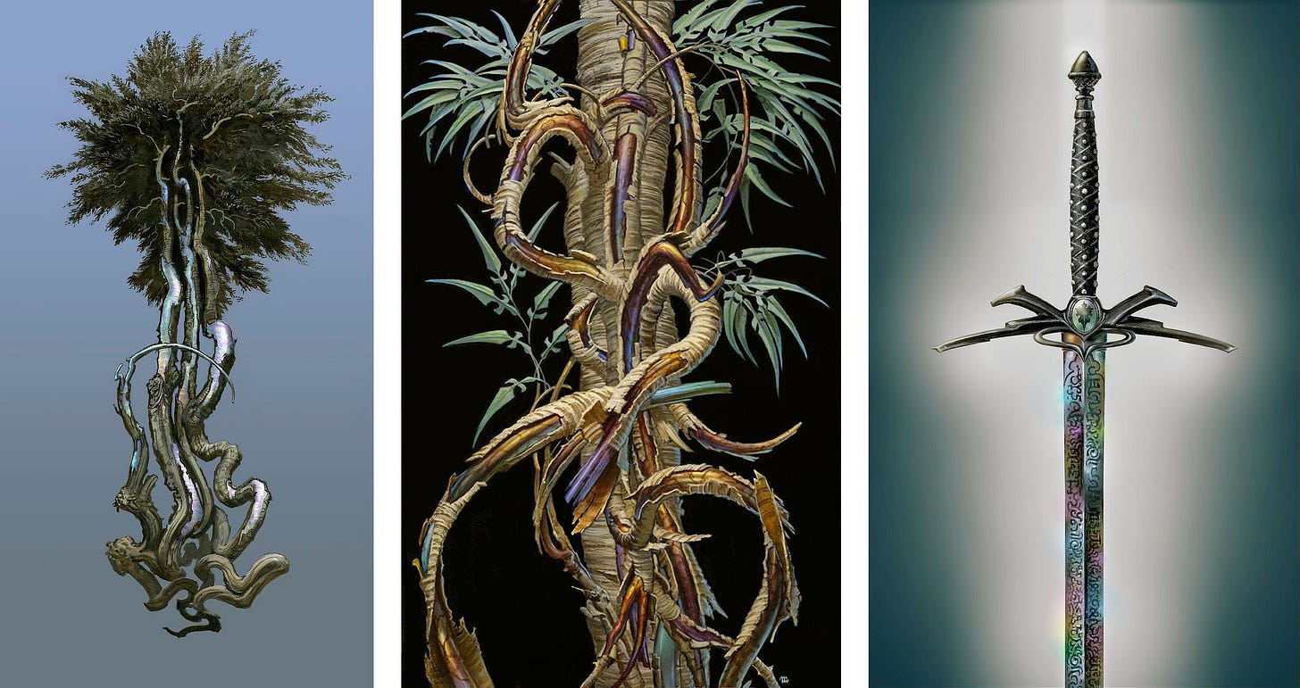 LEFT: Study for DARKNESS OVER HAYHOLT featuring a witchwood tree against a gray background. The wood is opalescent where the bark has peeled off. The trunk and roots are twist and curl at the bottom while the shock of foliage at the top of the tree radiates outward.  CENTER: Study for DARKNESS OVER HAYHOLT featuring a witchwood tree set against a black background. The tree has a more tropical appearance with papery tan bark peeling to reveal coffee brown wood underneath. The leaves are literally shaped like swords.  RIGHT: SORROW (2016), a runed blade reflecting odd patterns of light. It has a double crossguard with the side facing the grip shorter and thicker. The grip itself is wrapped in black leather and studded.