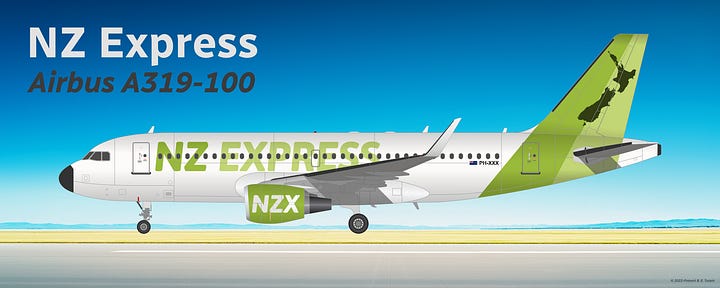 Airbus A318 (L) and Airbus A319ceo (R), seen in the NZ Express 2007-present "Kiwi" livery, both displayed in side view while in midflight. Both types have been part of the NZ Express fleet since 2007.