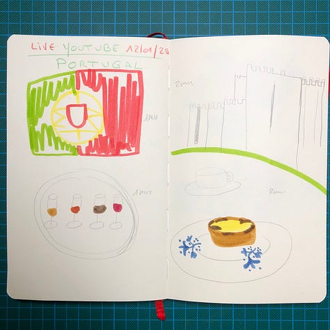 Photos de 5 doubles-pages de mon sketchbook où l'ont voit les dessins de symboles du Portugal tels que le drapeau, des monuments historiques, des spécialités culinaires, entre autres. Dessins réalisés aux Colorex, crayon graphite et crayons de couleurs.