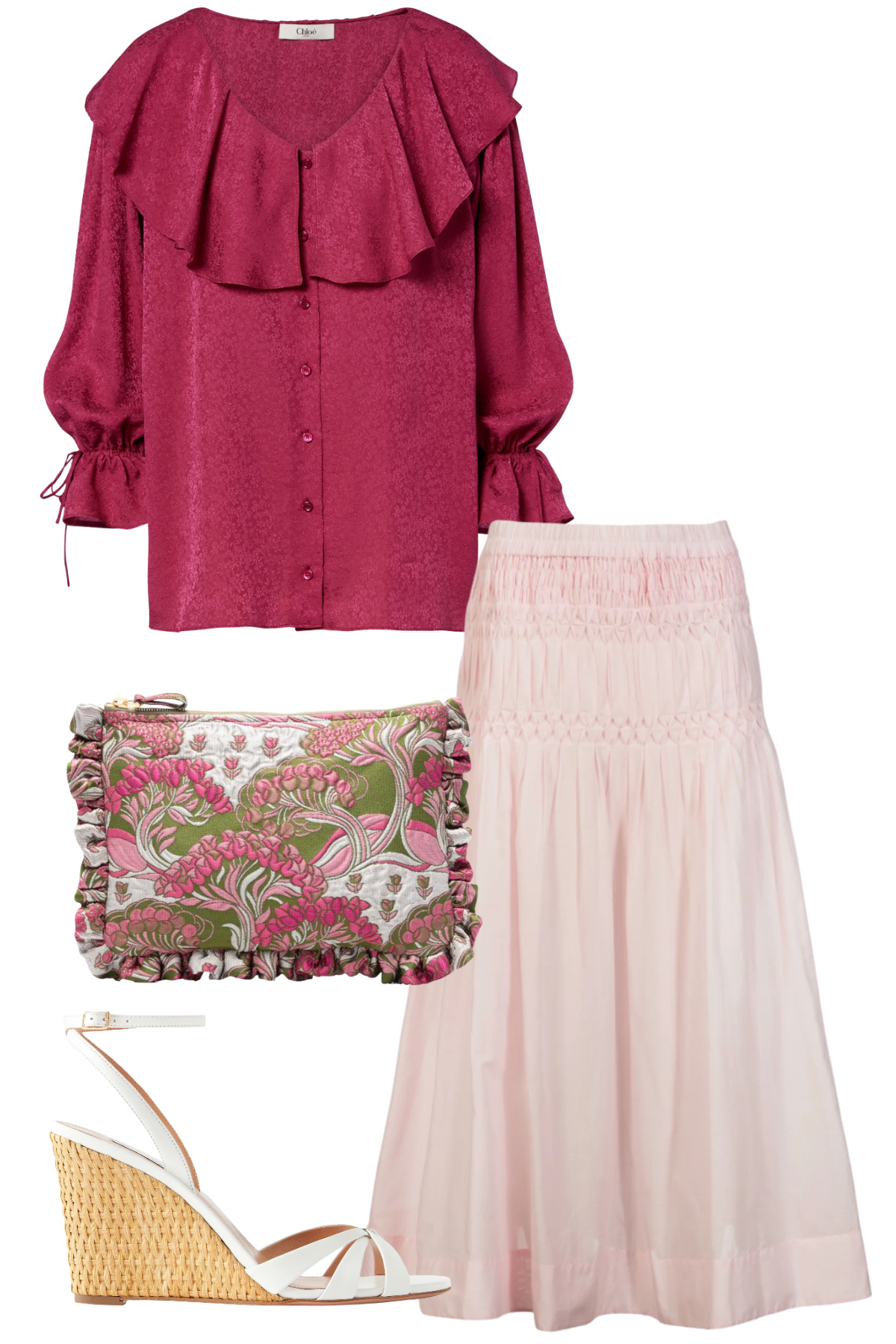 dressy spring outfit with cotton skirt and feminine blouse for baby showers, brunch, and daytime events
