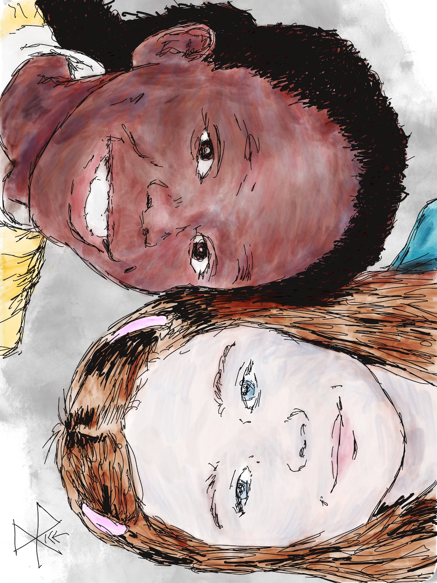Stacked portrait of two young girls, heads together with toes in opposite directions. Sketch art by Don Rice.