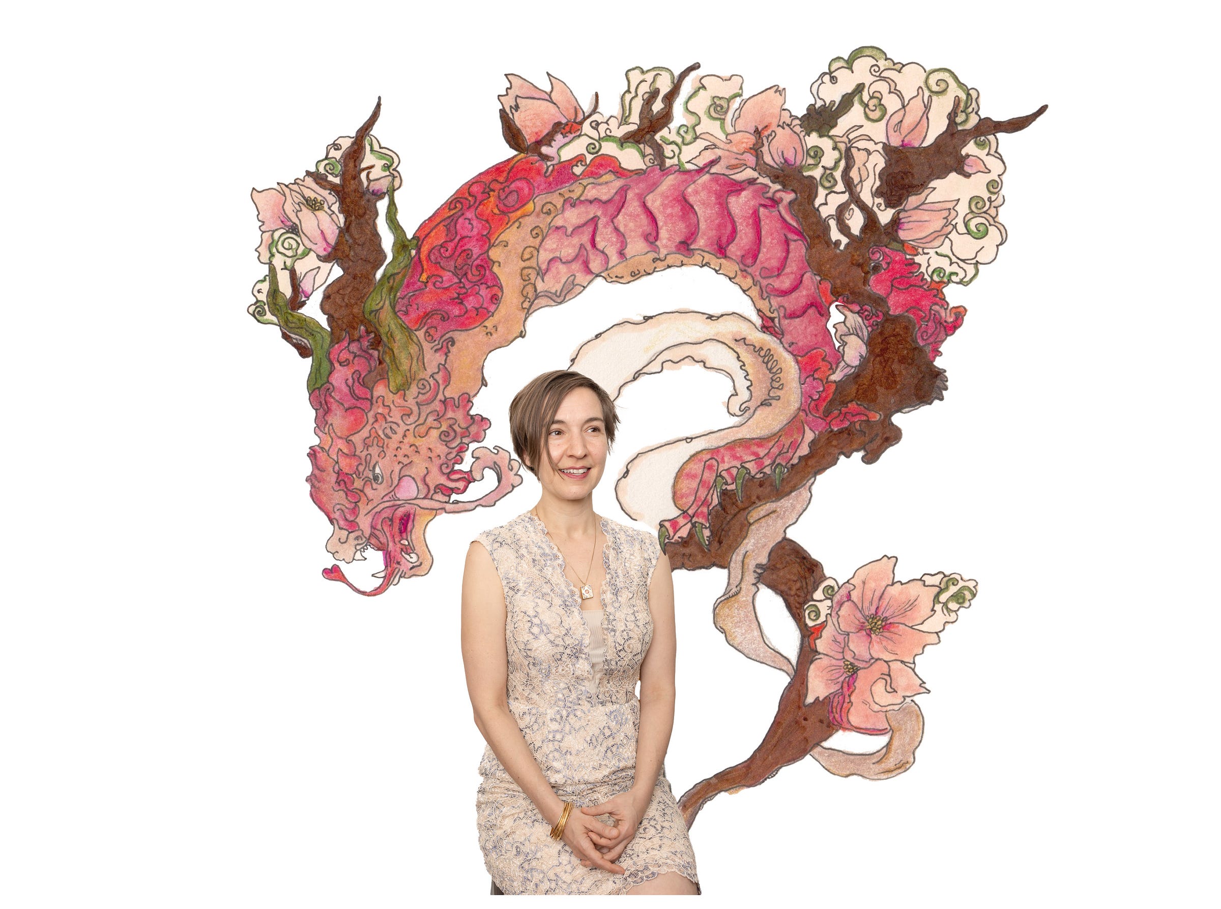 Picture of Mitra looking up with a pink dragon curling around and out of her